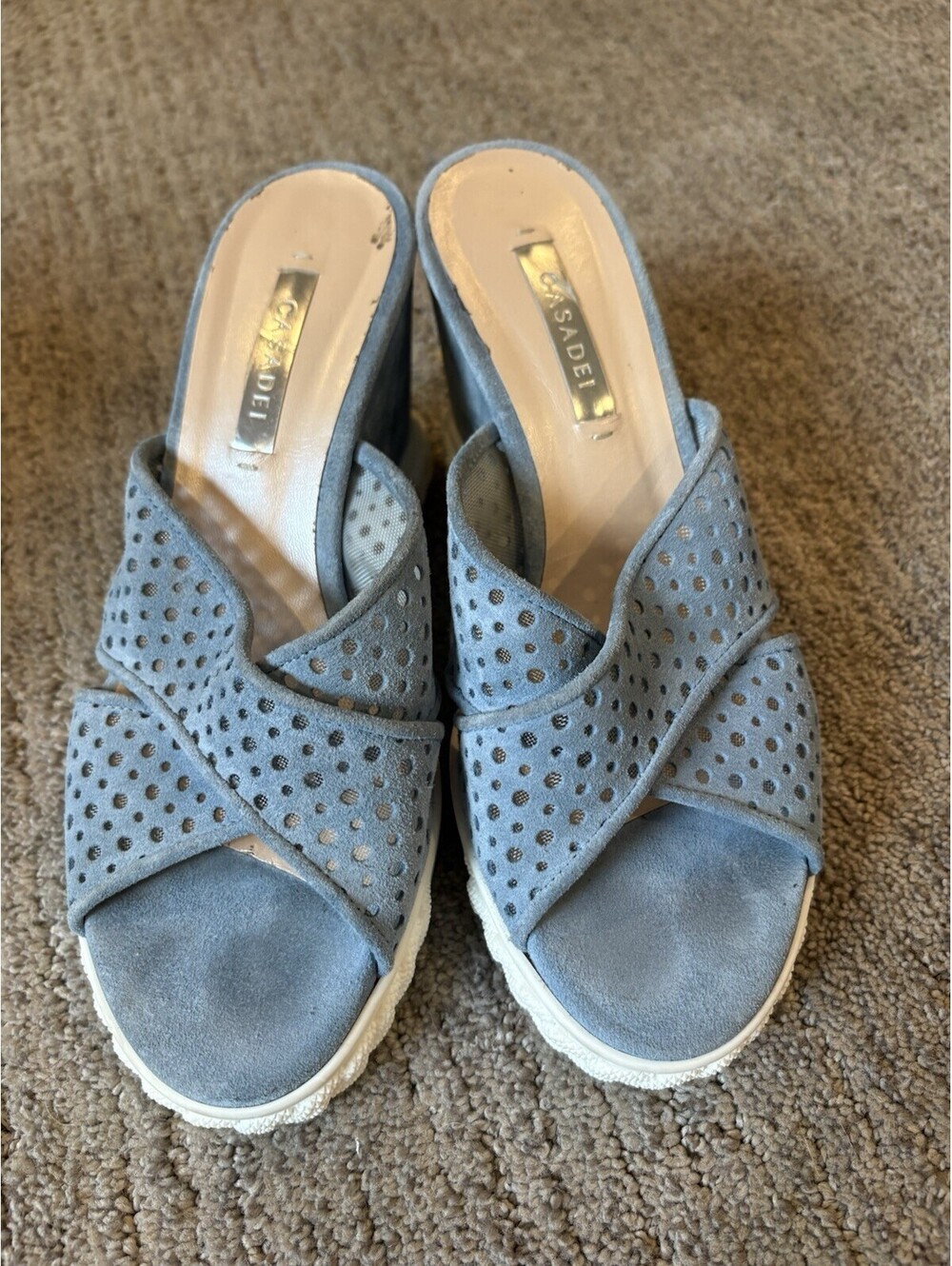 CASADEI Light Blue Suede Wedge Sandals Size 5 Or 6 Made in Italy